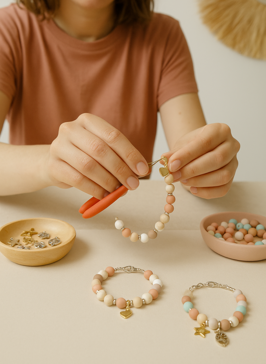Person making a charm bracelet with colourful beads and gold-coloured charms during a jewellery-making workshop in Bellegarde, southern France.