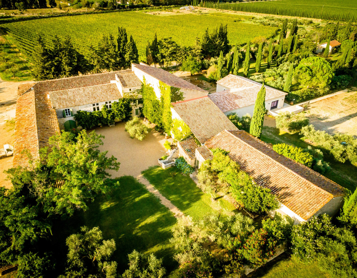 Aerial view of the tiled-roof buildings of Mas des Tourelles in Beaucaire, arranged around a courtyard and surrounded by trees, with vineyard rows in the background.