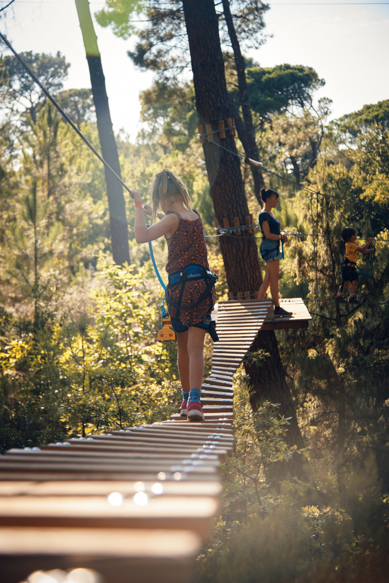 Young participant wearing a safety harness crossing a suspended wooden-plank bridge between trees at Air de Nature, with other participants waiting on a platform.