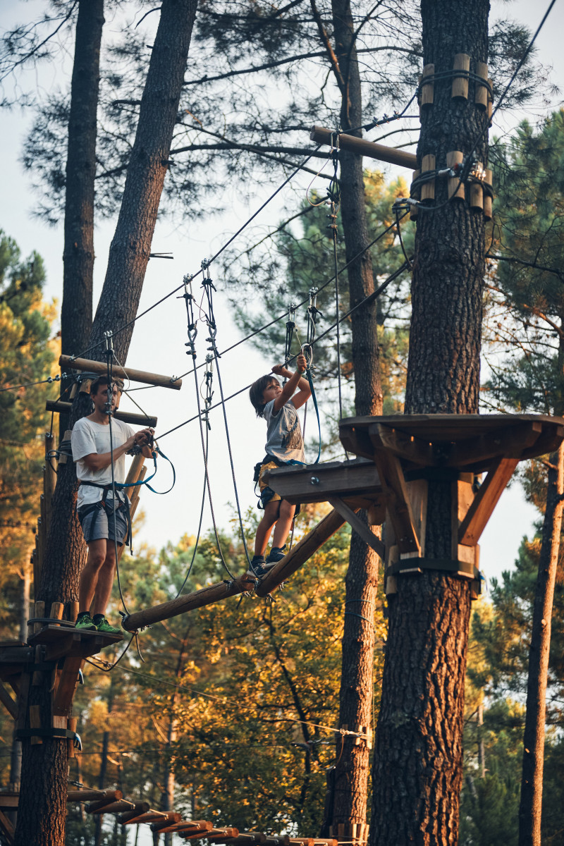 Two participants wearing safety harnesses make their way along a treetop adventure course between pine trees, using suspended obstacles connecting wooden platforms at Air de Nature.