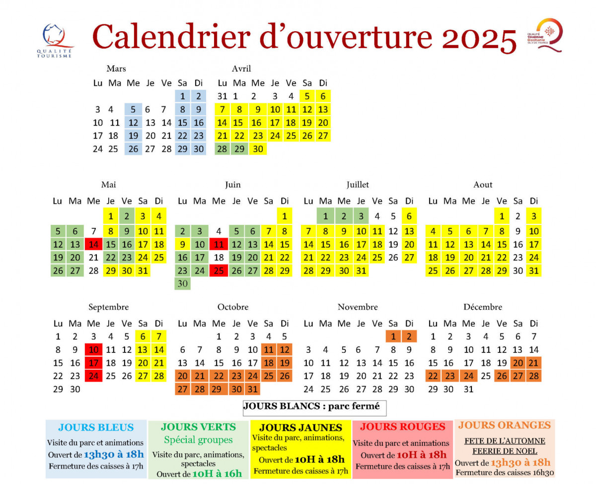 2025 opening calendar for Le Vieux Mas, showing visiting dates and different types of days marked with a colour code.