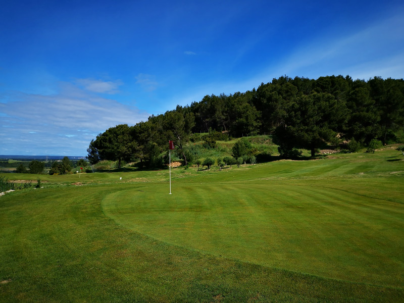 View of a well-maintained green at Golf de Saint-Roman, featuring the hole flag, rolling fairways and wooded hills beneath a blue sky.