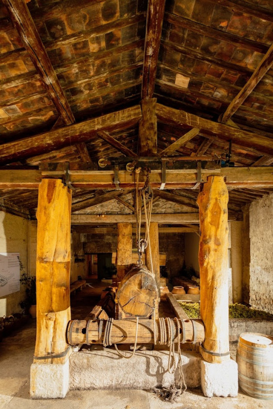 Old wine press with a wooden mechanism and ropes, positioned between large wooden posts beneath a timber roof at Mas des Tourelles in Beaucaire.